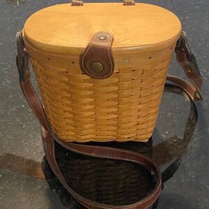 Longaberger Tan Woven Crossbody Bag with wood top  and Dark Brown Leather Strap